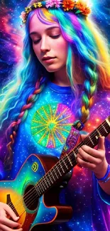 Colorful cosmic musician with guitar and vibrant galaxy theme.