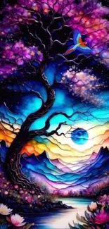 Colorful fantasy tree against a cosmic sky.