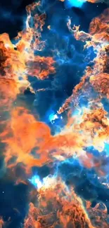 Vibrant cosmic nebula with swirling blue and orange hues.