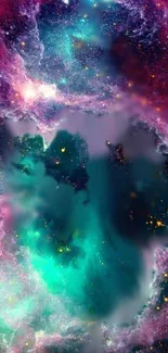 Teal and purple cosmic nebula wallpaper with stars and vibrant colors.