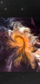 Vibrant nebula with orange and purple swirls in space art.