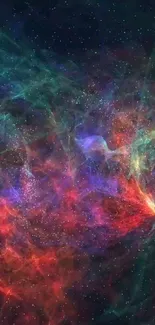 Vibrant nebula wallpaper with red, blue, and green cosmic colors.