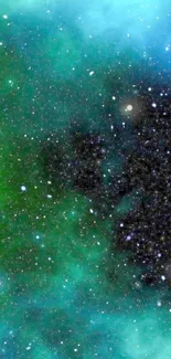 Vibrant green and blue cosmic nebula wallpaper for mobile.