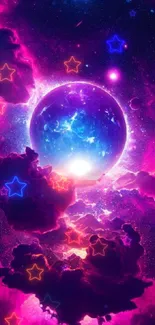 Mobile wallpaper with a cosmic scene of a blue sphere and pink clouds.