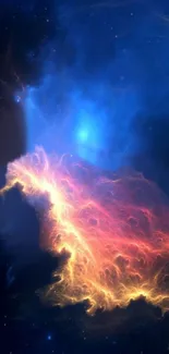 Vibrant cosmic nebula with deep blues and fiery reds swirling in space art.