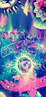 Vibrant Moonchild mobile wallpaper with neon cosmic elements.