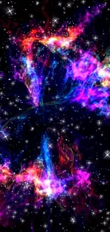 Vibrant neon cosmic wallpaper with colorful swirls in space.