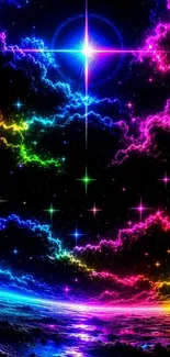 Vibrant cosmic neon wallpaper with colorful clouds and starry sky.