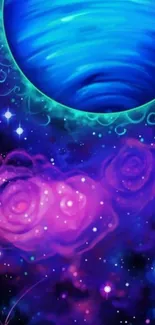 Vibrant galaxy wallpaper with blue and purple hues depicting cosmic art.