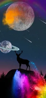 Silhouetted deer with colorful cosmic scene and planets.