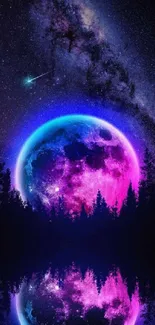 Cosmic wallpaper with purple moon and starry galaxy, perfect for mobile display.