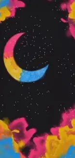 Colorful crescent moon with starry sky and nebula design.