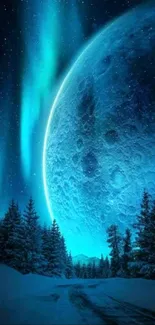 Blue moon and auroras over a wintry forest nightscape wallpaper.