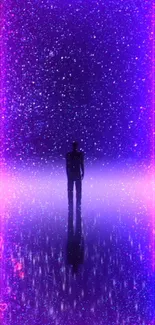 A silhouette stands under a vibrant purple galaxy-like sky with shimmering stars.