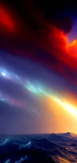 Colorful cosmic ocean wallpaper with fiery sky and vibrant colors.