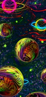 Vibrant cosmic orbs with stars in a colorful galaxy background.