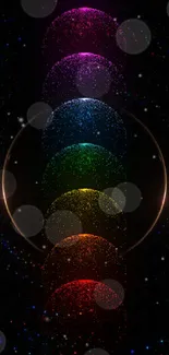 Mobile wallpaper with vibrant cosmic orbs in a dark space theme.