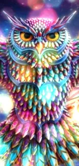 Intricate and vibrant cosmic owl art with colorful feathers against a space backdrop.