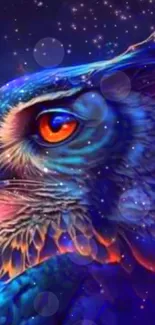 Vibrant cosmic owl artwork with stars and deep blue hues.