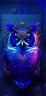 Vibrant cosmic owl art with electric blue and purple hues on a digital wallpaper.