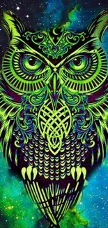 Vibrant neon owl against a cosmic starry background.