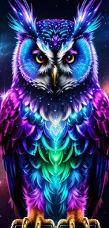 Vibrant cosmic owl with colorful feathers in a galaxy-themed mobile wallpaper.