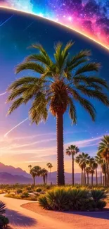 Colorful night sky with palm trees under a cosmic arc.