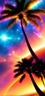 Silhouetted palm trees with a vibrant cosmic galaxy backdrop.