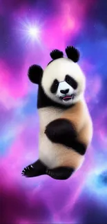 Cute panda floating in a vibrant purple and blue cosmic background.