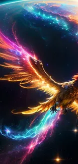 Vibrant cosmic phoenix soaring in galaxy with colorful wings.