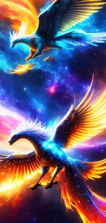 Vibrant phoenixes in a colorful cosmic scene, blazing with fiery orange and blue hues.