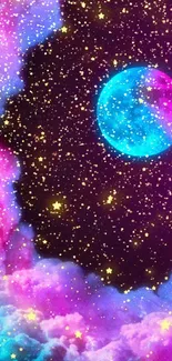 Colorful cosmic wallpaper with moon and stars.