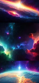 Colorful cosmic landscape wallpaper with planets and nebulae.