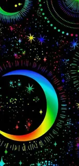 Vibrant cosmic wallpaper with colorful stars and moons on a dark background.