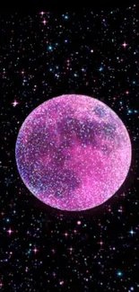 A vibrant pink moon with glitter against a starry sky backdrop.