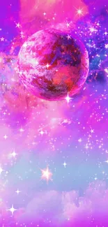 A vivid magenta cosmic wallpaper with stars and a mystical planet.