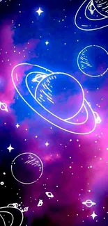 Cosmic mobile wallpaper with planets and stars in vibrant purple and blue.