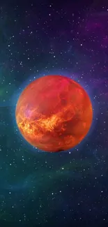 Fiery orange planet in colorful cosmic space background.