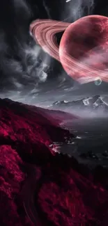 A cosmic landscape with a red planet and dramatic mountains under turbulent skies.