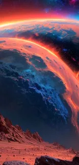 Vibrant cosmic planet wallpaper with stunning space colors on mobile screen.