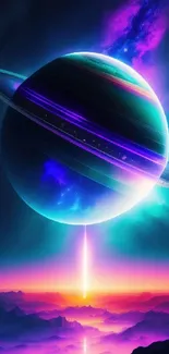 Vibrant cosmic planet with neon rings and colorful sky.