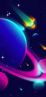 Colorful cosmic wallpaper with planet and comets.