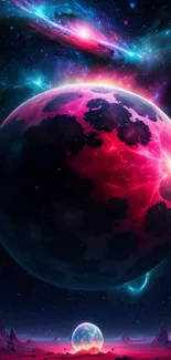 Vibrant cosmic wallpaper featuring a pink planet and colorful galaxy backdrop.