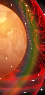 Vibrant red space-themed mobile wallpaper with planets and stars.