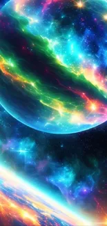 Vibrant cosmic planet wallpaper with colorful space view.