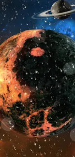 Orange and black planet in cosmic space scene with stars and Saturn in background.