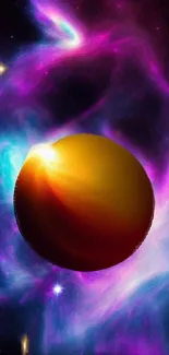 A vibrant cosmic planet amidst colorful nebulae on a mobile wallpaper.