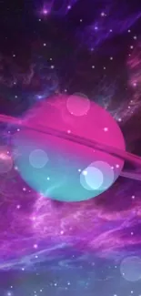 Pink ringed planet in vivid purple space nebula.