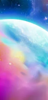 Vibrant cosmic planet with colorful, dreamy background.