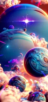 Colorful cosmic planets wallpaper with clouds and stars.